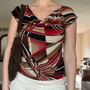 Susan Lawrence Red, Brown & Black Abstract Draped Neck Top